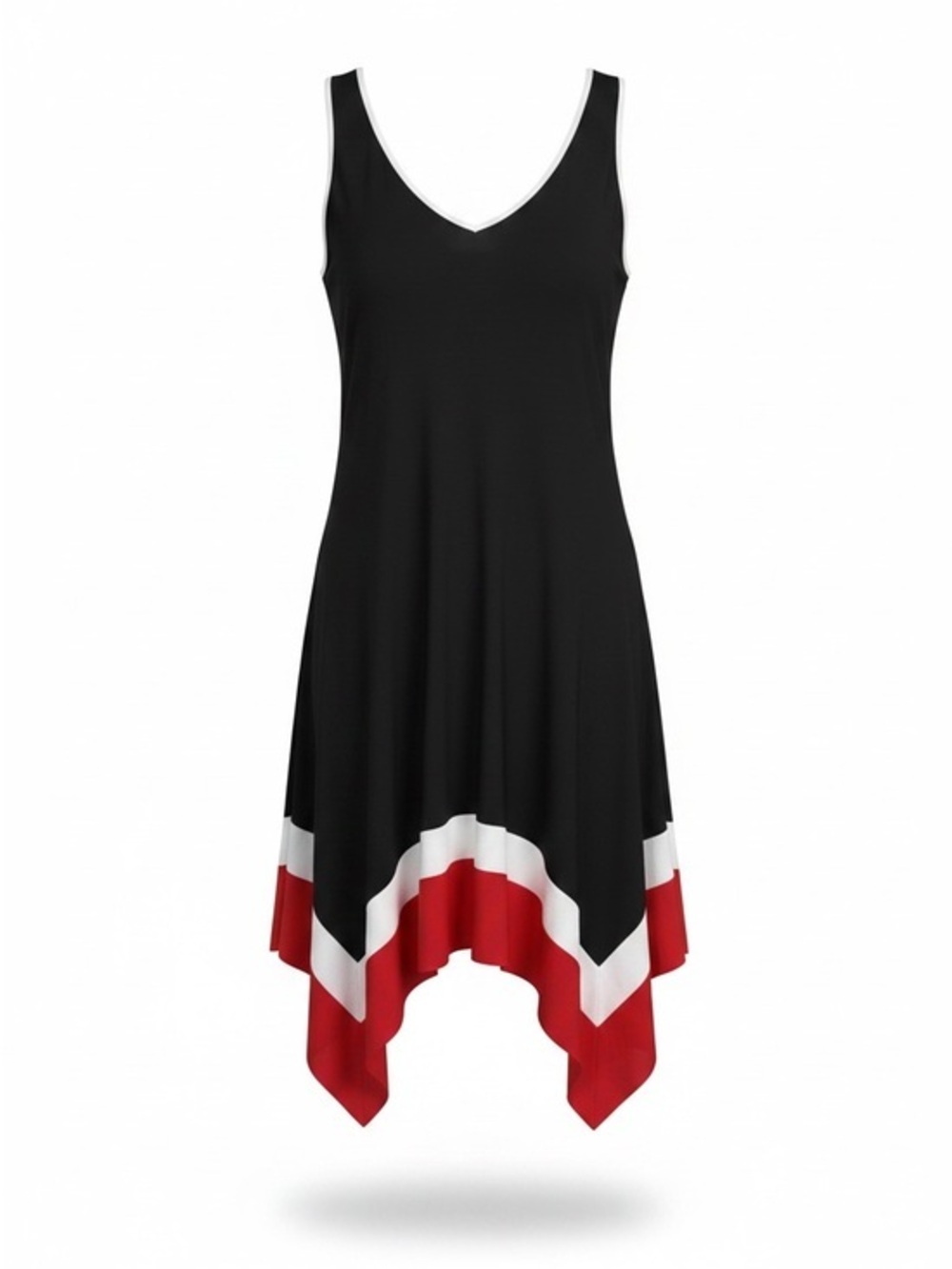 Perseption Black Asymmetrical Handkerchief Hem Dress with Red & White Trim